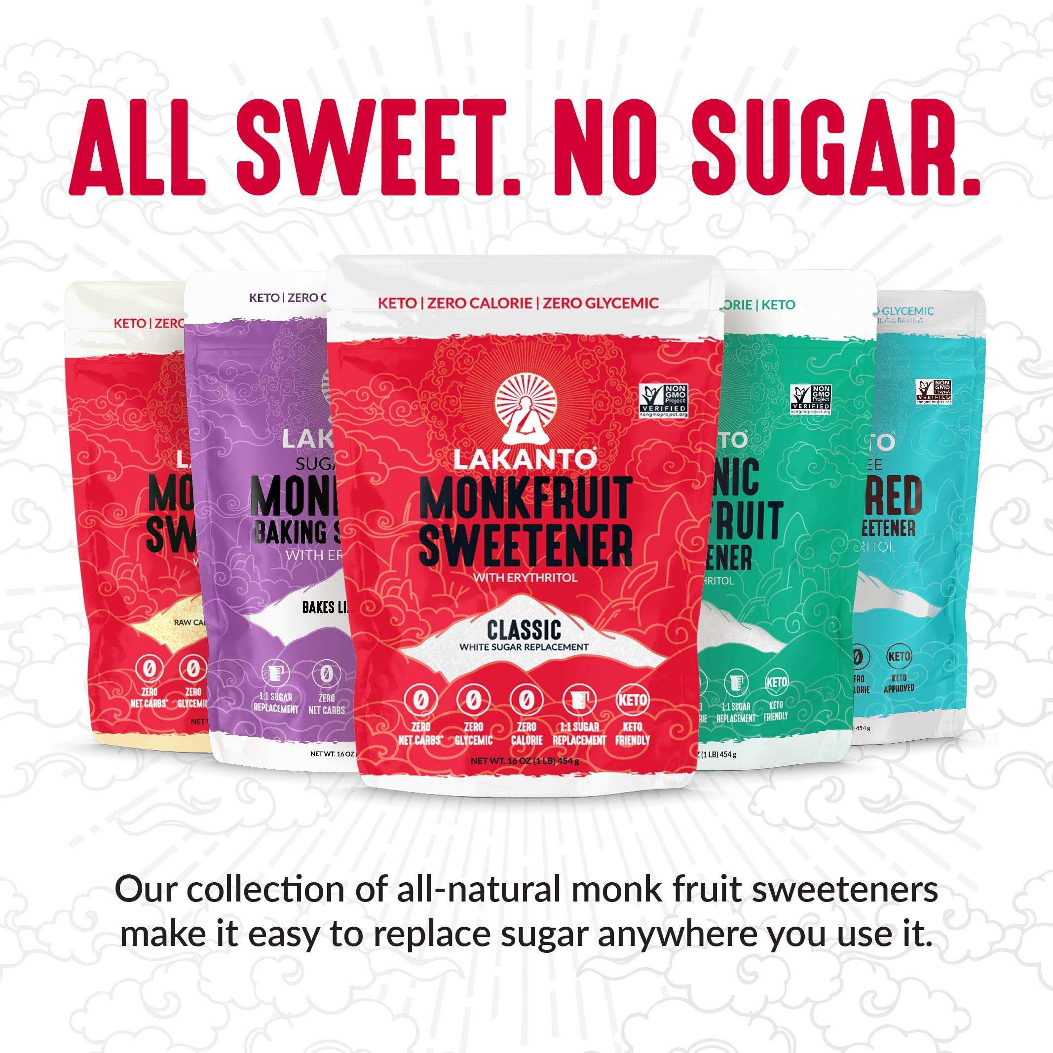 Lakanto monkfruit sweetener packets assorted colorful resealable bags showing classic and flavored varieties