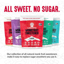 Monkfruit sweetener variety pack lineup with red, purple, green, and blue pouches