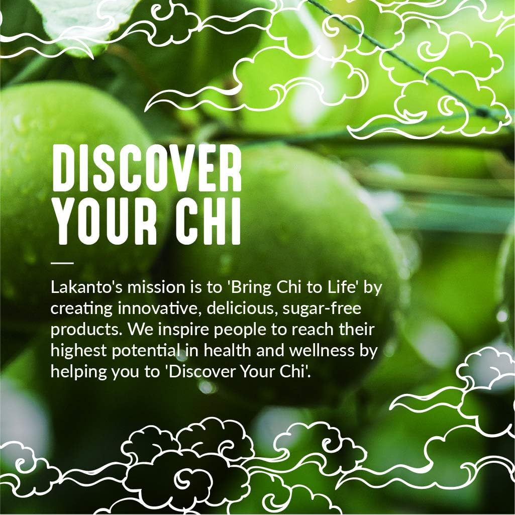 Green Lakanto promotional image with Discover Your Chi text over fruit background highlighting monkfruit sweetener packets