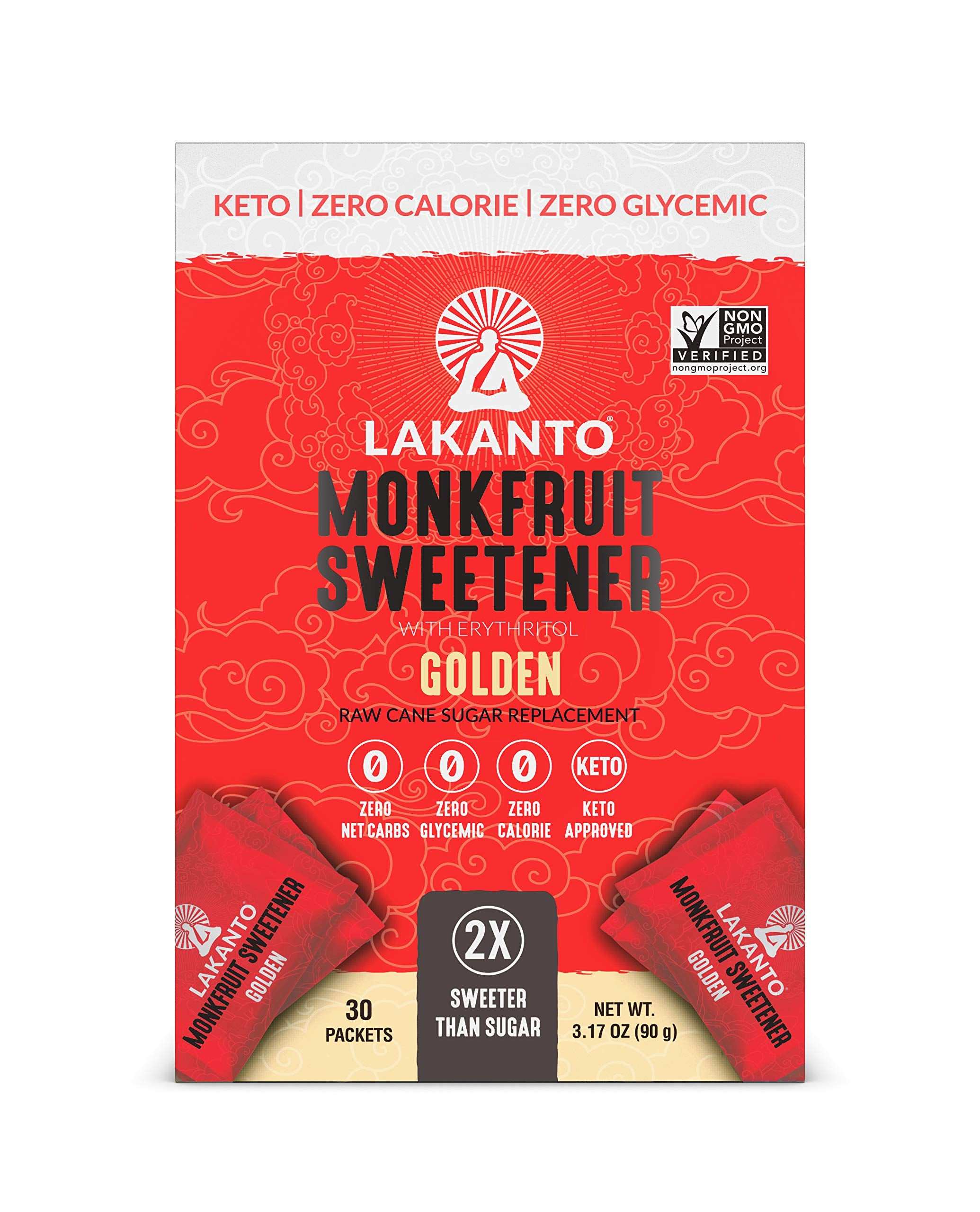 Lakanto Golden box of monkfruit sweetener packets 30 count keto zero calorie sugar replacement