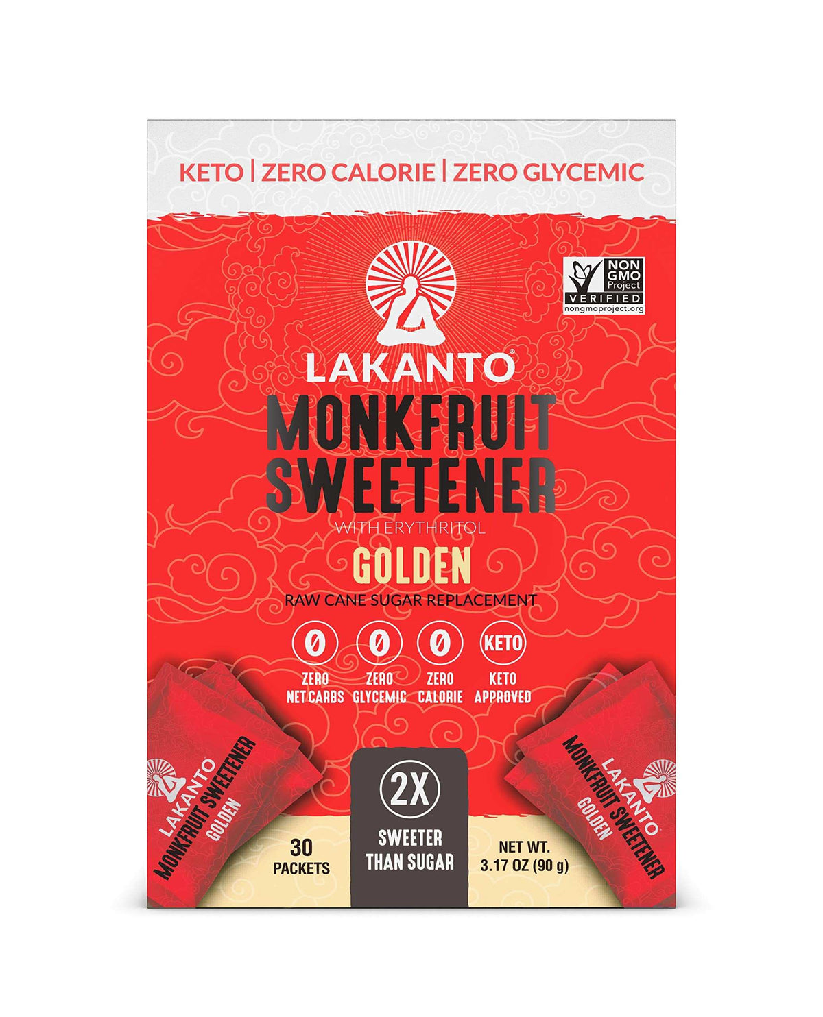 Lakanto Golden box of monkfruit sweetener packets 30 count keto zero calorie sugar replacement