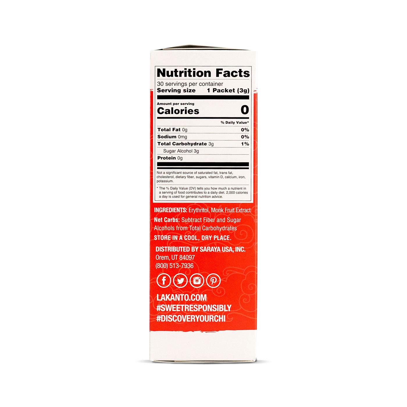 Lakanto monkfruit sweetener packets box back showing nutrition facts label and ingredients list