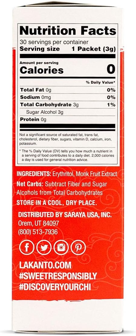 Lakanto monkfruit sweetener packets box back with nutrition facts and ingredients label