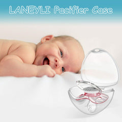 LODROC transparent pacifier holder case with pink pacifier next to smiling newborn on white background for travel