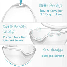 Transparent pacifier case with snap lid and top hole for hanging, dust-protecting cover.