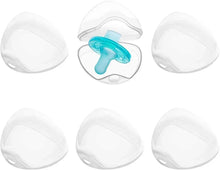 Transparent pacifier storage cases with teal clip, six-pack assortment of hinged covers.