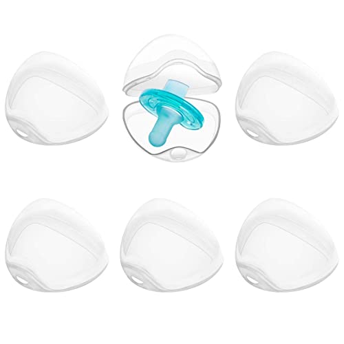 LODROC clear pack of 6 transparent pacifier holder case with one open case showing a blue pacifier inside