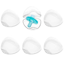 Transparent pacifier holder cases with teal clip, set of 6, hinged travel storage.