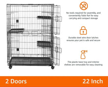 3-tier black wire cat cage playpen with three trays, swing doors, and wheeled base
