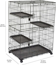 3-tier black wire cat cage playpen with three platforms and sturdy wheeled base