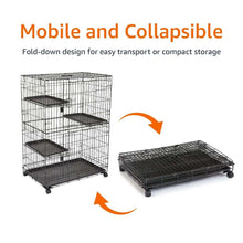 3-tier cat cage playpen with three black trays, fold-down base, and wheels