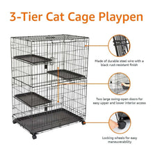 3-tier black wire cat cage playpen with three platforms, two swing doors, and locking wheels