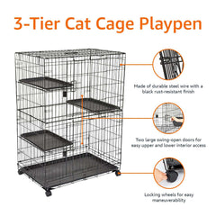 Large 3-tier cat cage UAE made of durable steel with easy access doors and locking wheels