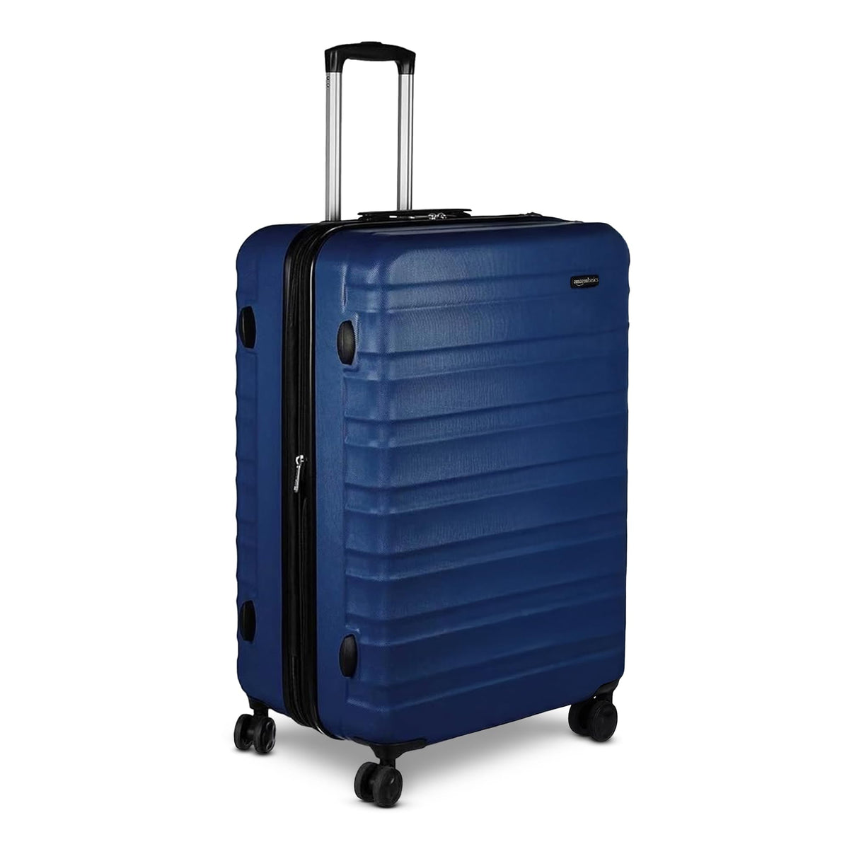 Large ABS luggage navy blue with hard shell, telescoping handle, and four spinner wheels