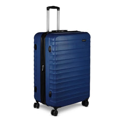 Large ABS luggage navy blue with hard shell, telescoping handle, and four spinner wheels