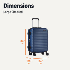 Large ABS luggage navy blue with textured hard shell and four spinner wheels for easy travel