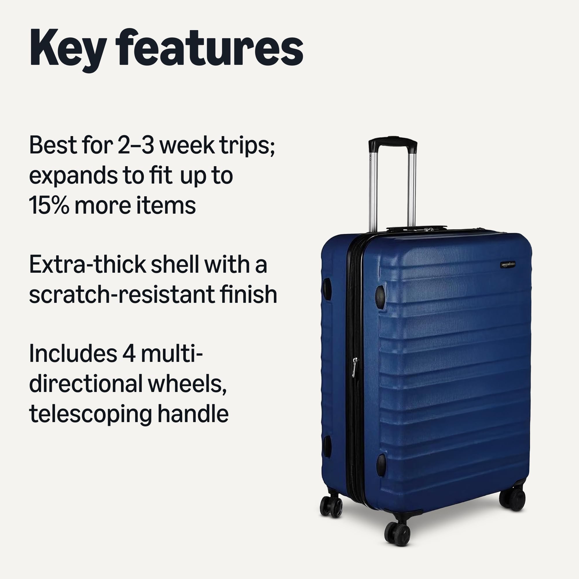 Large ABS luggage navy blue with telescoping handle and four multi-directional wheels