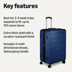 Large ABS luggage navy blue with telescoping handle and four multi-directional wheels