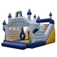 Castle bounce house with attached slide, white brick design, blue platform and yellow side walls