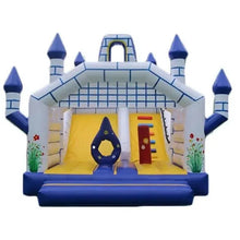 Castle-themed bounce house with slide, open entry area, blue base and yellow floor, white walls