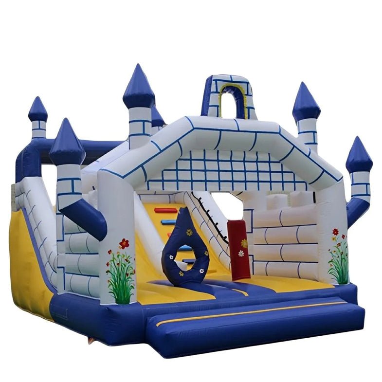 Huitich large bounce house with slide designed as a castle with blue and white turrets and yellow base