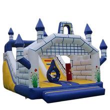 Castle-themed large bounce house with slide, white walls and blue accents, yellow play floor
