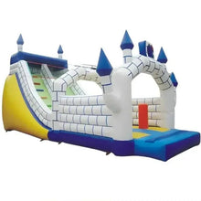 Inflatable castle bounce house with long blue slide, white brick walls, yellow ground and blue base