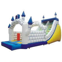 Inflatable castle bounce house with arched slide, blue and yellow base, white brick pattern