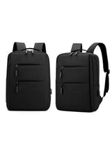 Black backpack front and side view with multiple zip compartments and side strap