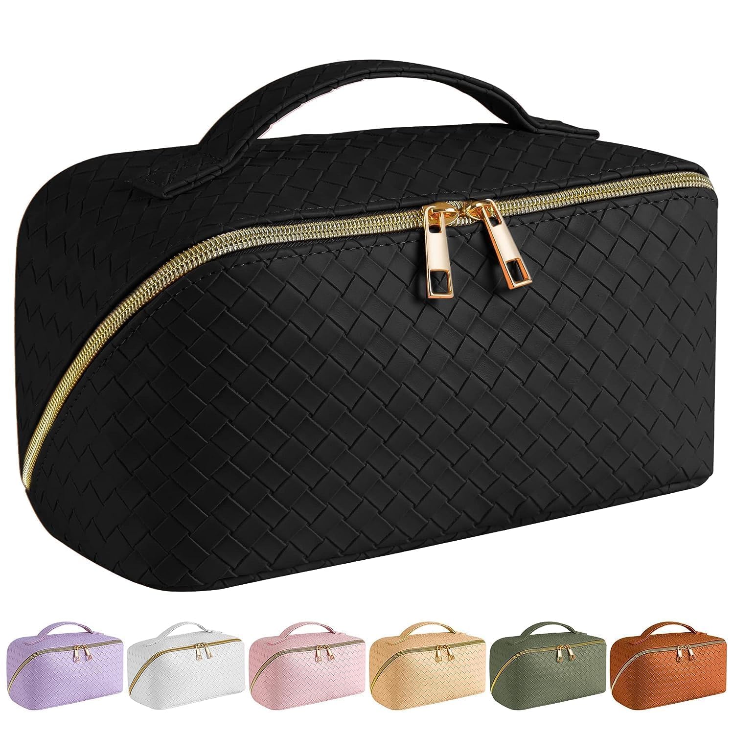 SFXULIX large capacity travel cosmetic bag in black with woven texture and gold zipper