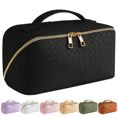 SFXULIX large capacity travel cosmetic bag in black with woven texture and gold zipper