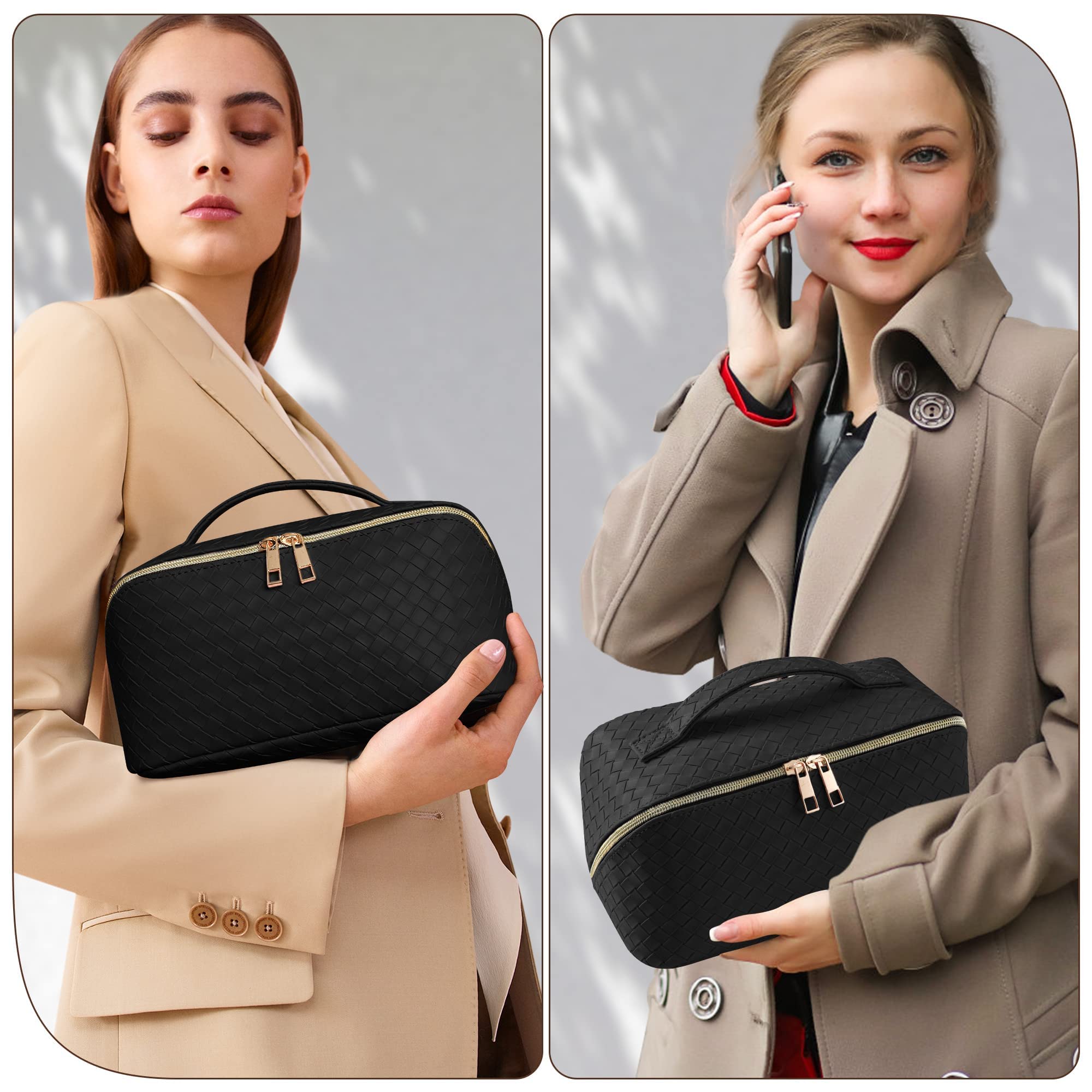 SFXULIX large capacity travel cosmetic bag in black held by women wearing beige and brown coats