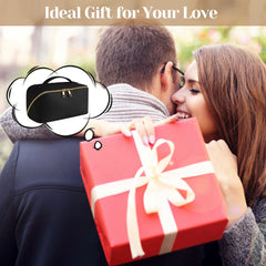 Couple hugging with woman holding gift box and thought bubble showing large capacity travel cosmetic bag