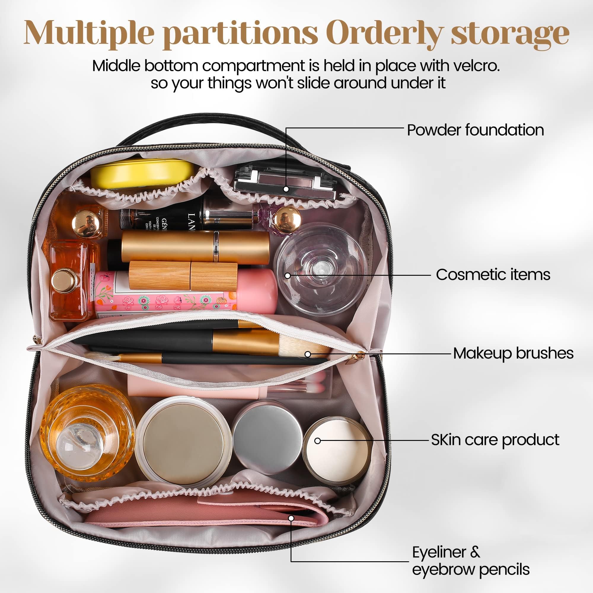 SFXULIX large capacity travel cosmetic bag with multiple partitions storing makeup brushes skincare and cosmetic items