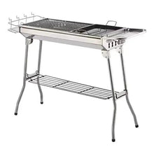 Charcoal grill with wire warming rack and side shelves, stainless steel frame