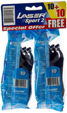 Disposable twin-blade razors with long handles, blue blister pack labeled 10+10