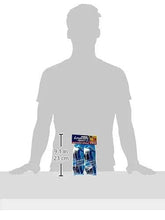 Disposable twin-blade razors with long handles, packaged with 23 cm size guide