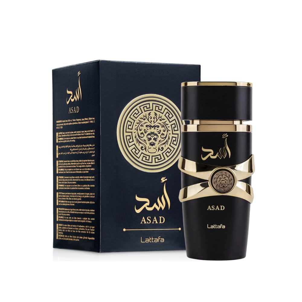 Lattafa Asad perfume for men with black and gold bottle and elegant packaging box