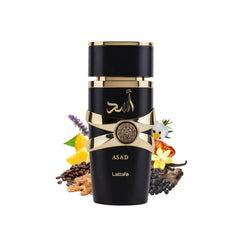Lattafa Asad perfume for men black and gold bottle surrounded by natural scent ingredients