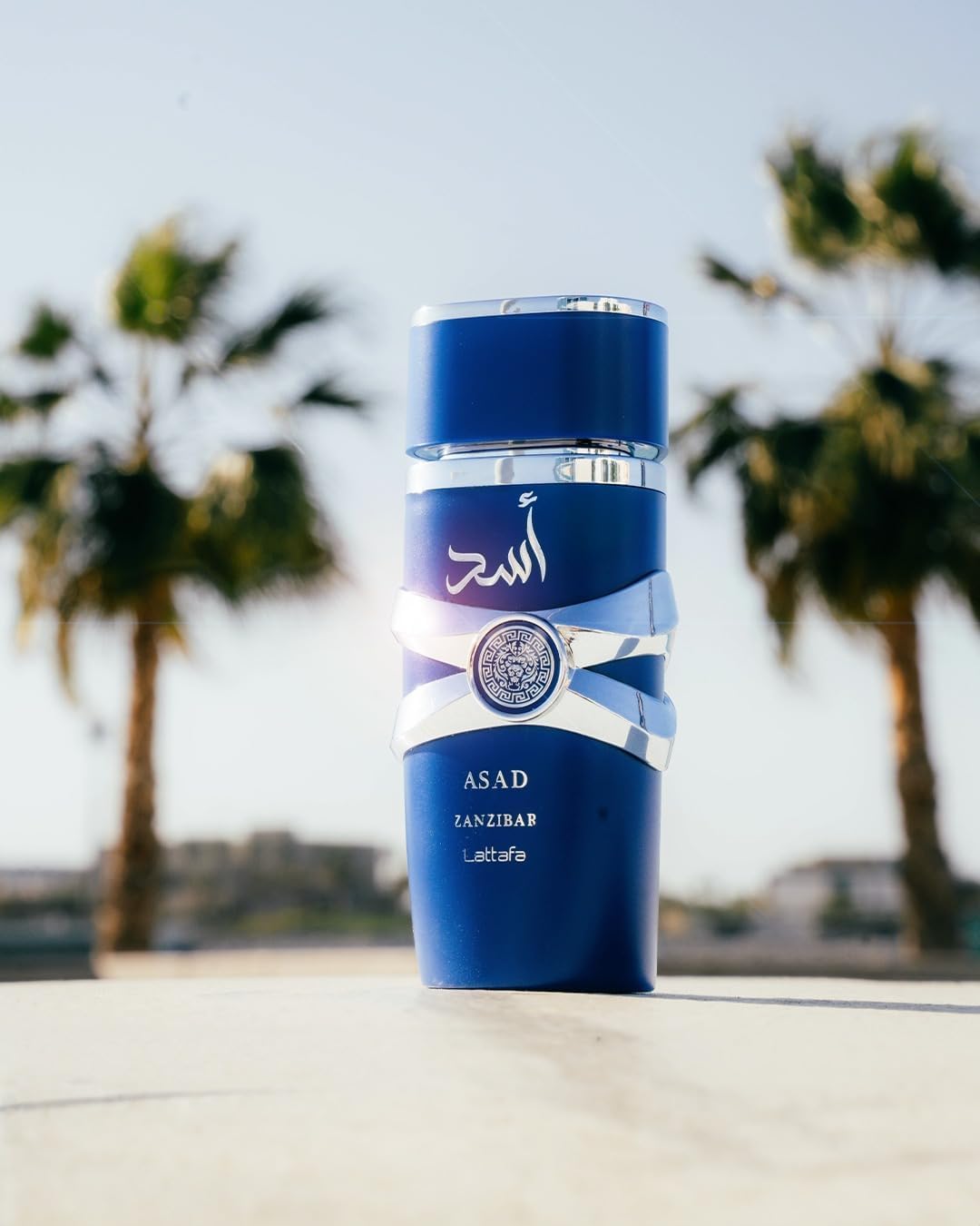 Lattafa Asad Zanzibar perfume men blue bottle with silver accents in outdoor setting