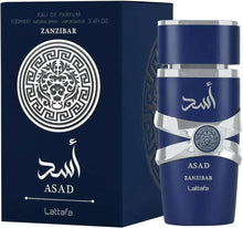 Eau de parfum set: blue bottle with silver bands beside ZANZIBAR box