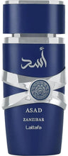 Men's eau de parfum bottle, blue with silver wraps and ASAD ZANZIBAR label