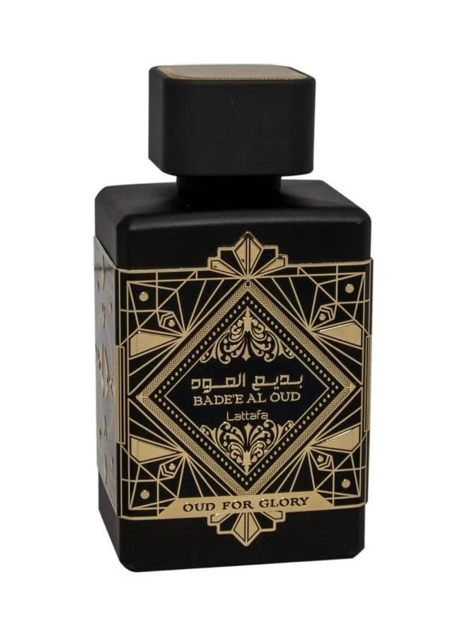 Badee Al Oud Lattafa perfume 100ml in an ornate black bottle with gold accents