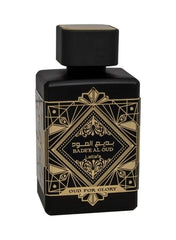 Badee Al Oud Lattafa perfume 100ml in an ornate black bottle with gold accents