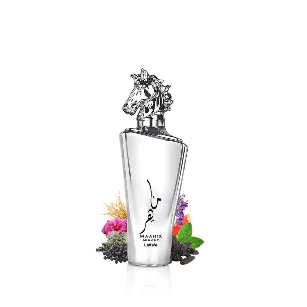 Lattafa Maahir Legacy perfume for men in a silver horse-head shaped bottle with floral and spice accents