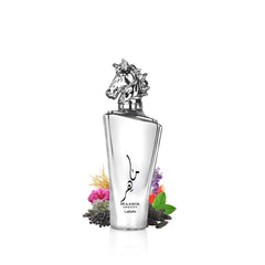 Lattafa Maahir Legacy perfume for men in a silver horse-head shaped bottle with floral and spice accents