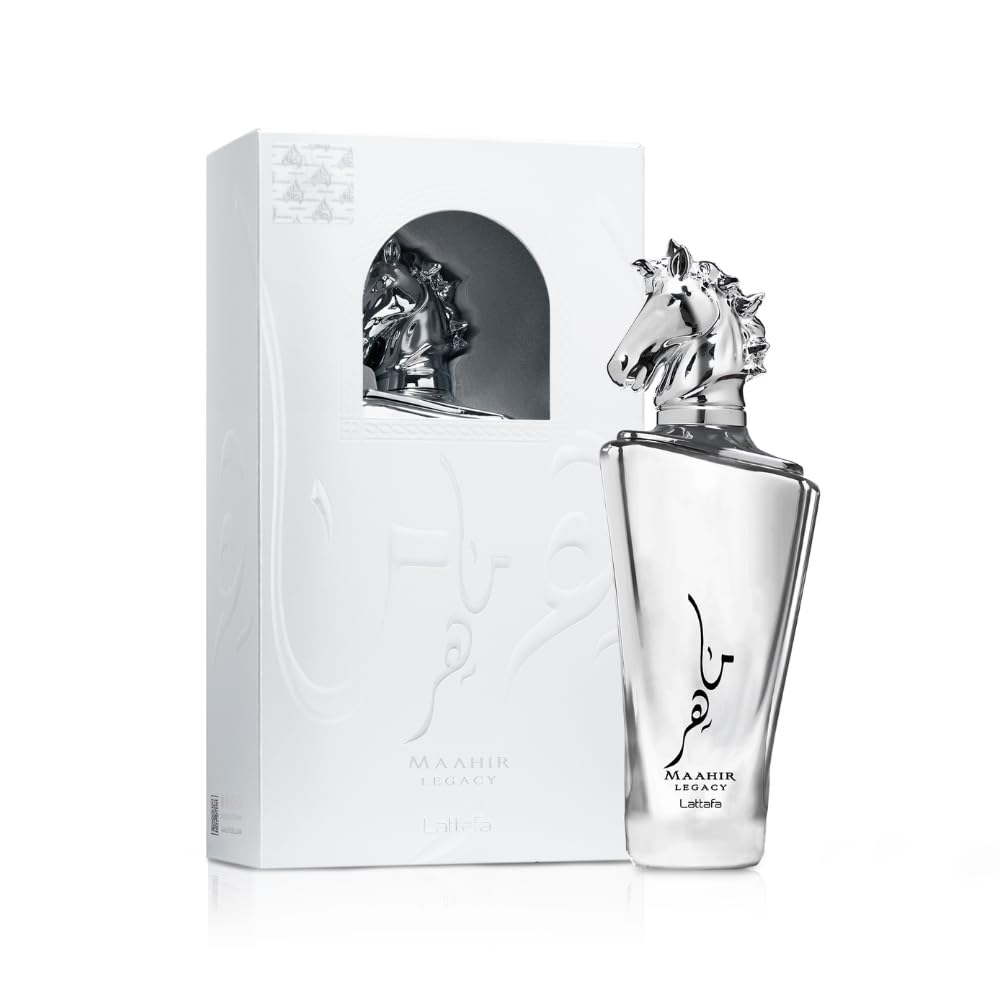 Lattafa Maahir Legacy perfume for men with silver bottle and horse-shaped cap in white packaging