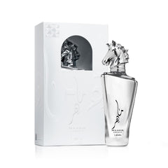 Lattafa Maahir Legacy perfume for men with silver bottle and horse-shaped cap in white packaging