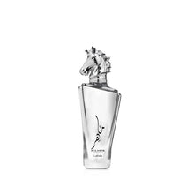 Perfume bottle with silver horse cap and clear glass, slim cylinder shape