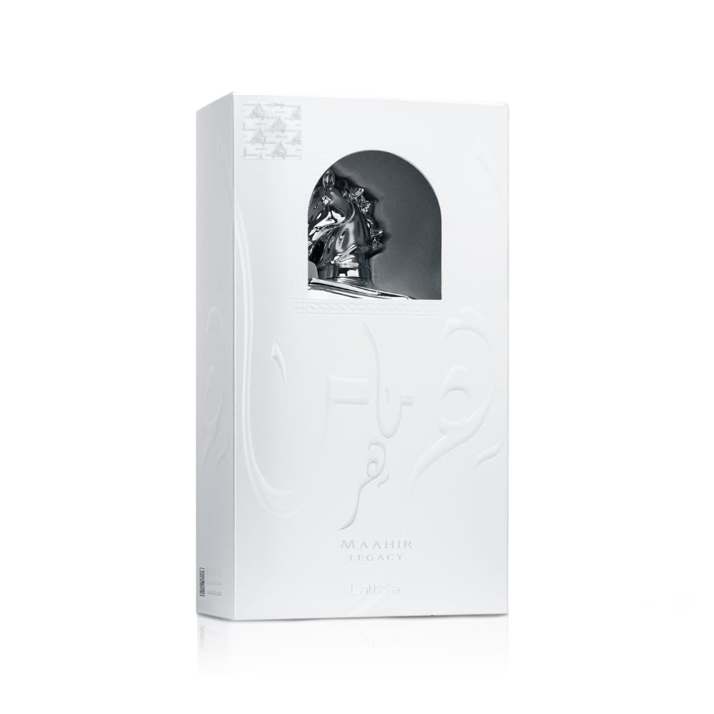 Lattafa Maahir Legacy perfume for men white embossed box with silver horse head design